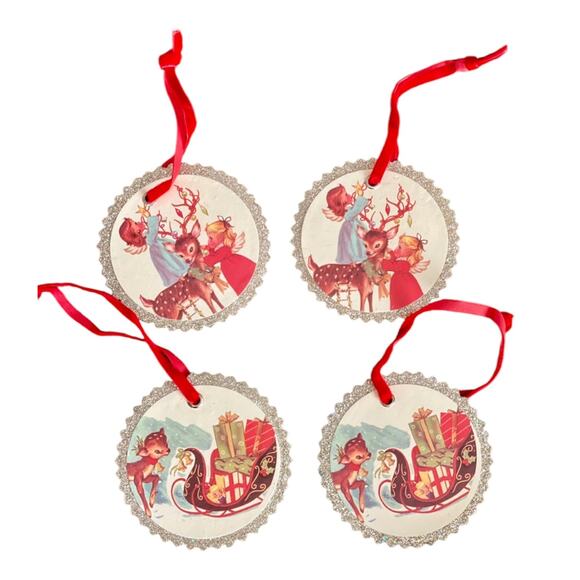 Retro Style Reindeer Christmas Sleigh Ornament Glitter Cardboard set of 4 - Picture 1 of 3